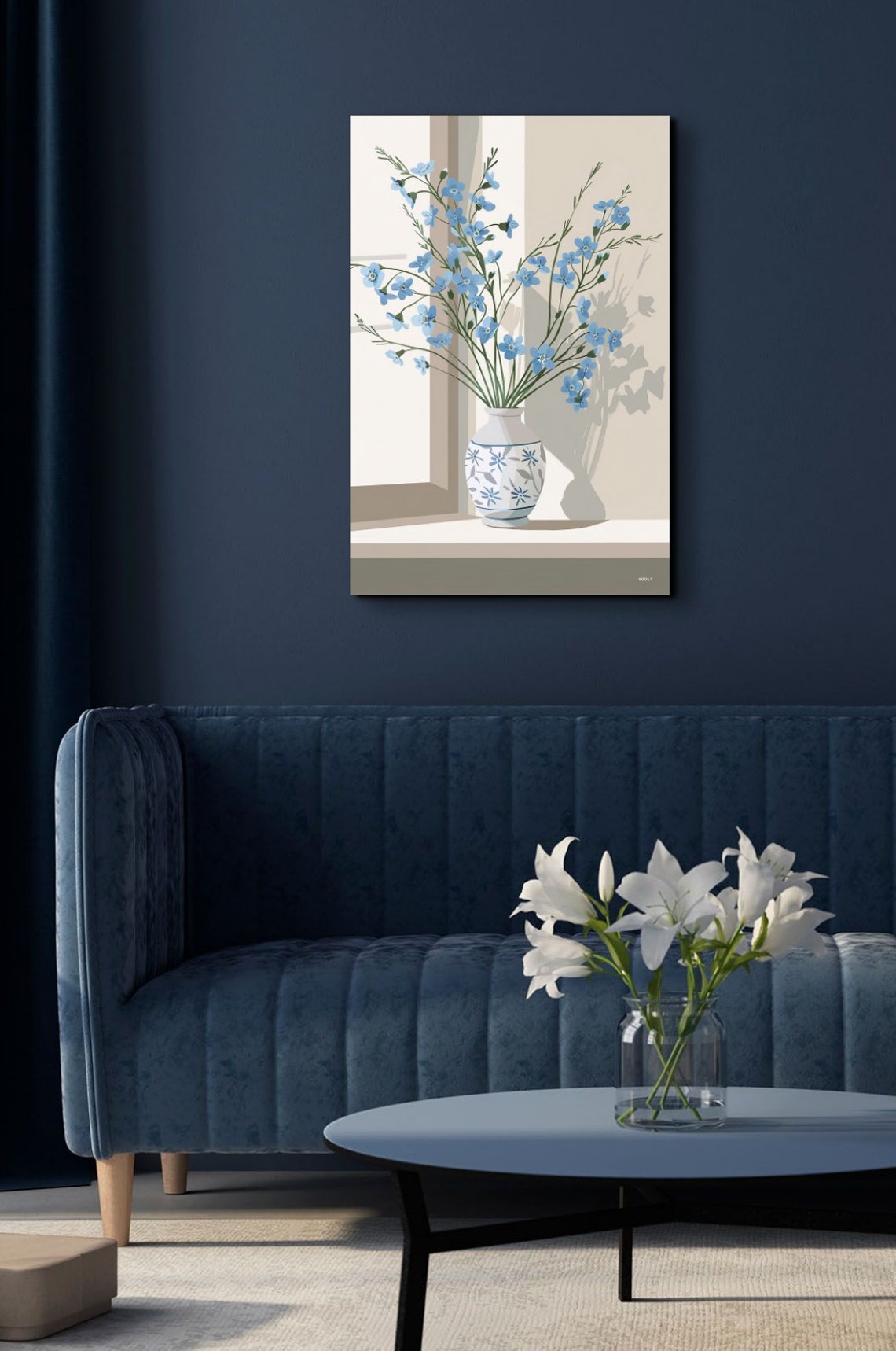 Blue Flowers in Patterned Vase by Sunlit Window Minimalist Art Poster - Image 7