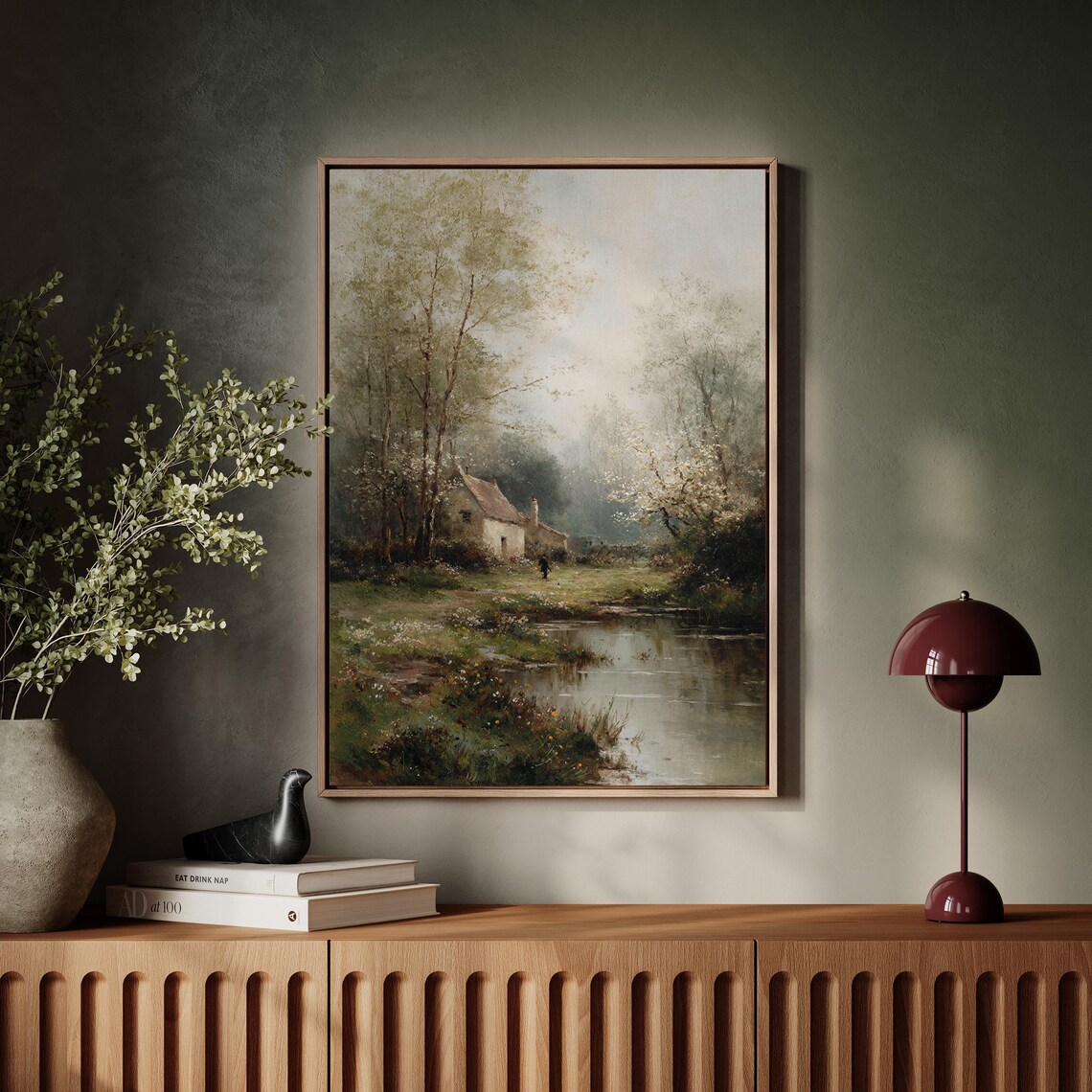Countryside Cottage By River Vintage Landscape Art Print