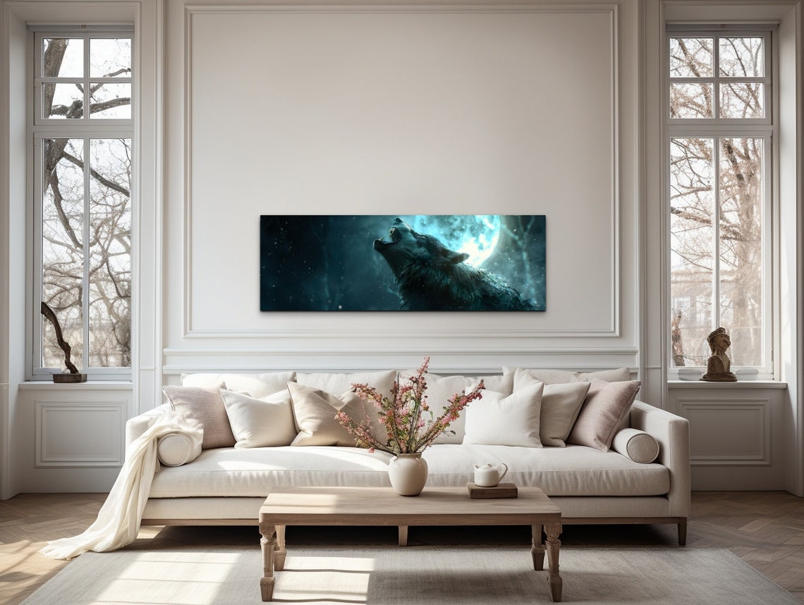 Wolf Howling at Full Moon in Teal Night Wilderness Panorama Wall Art - Image 6
