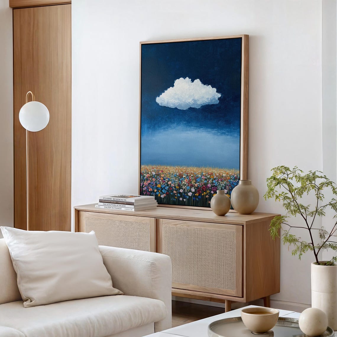 Lone White Cloud Over Wildflower Field Deep Blue Night Art Poster - Image 5