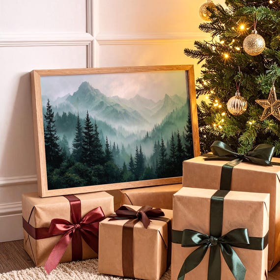 Misty Mountain Forest Canvas Wall Art Nature Landscape Painting Rustic Lodge Dcor Evergreen Pine Trees Cabin Retreat Accent