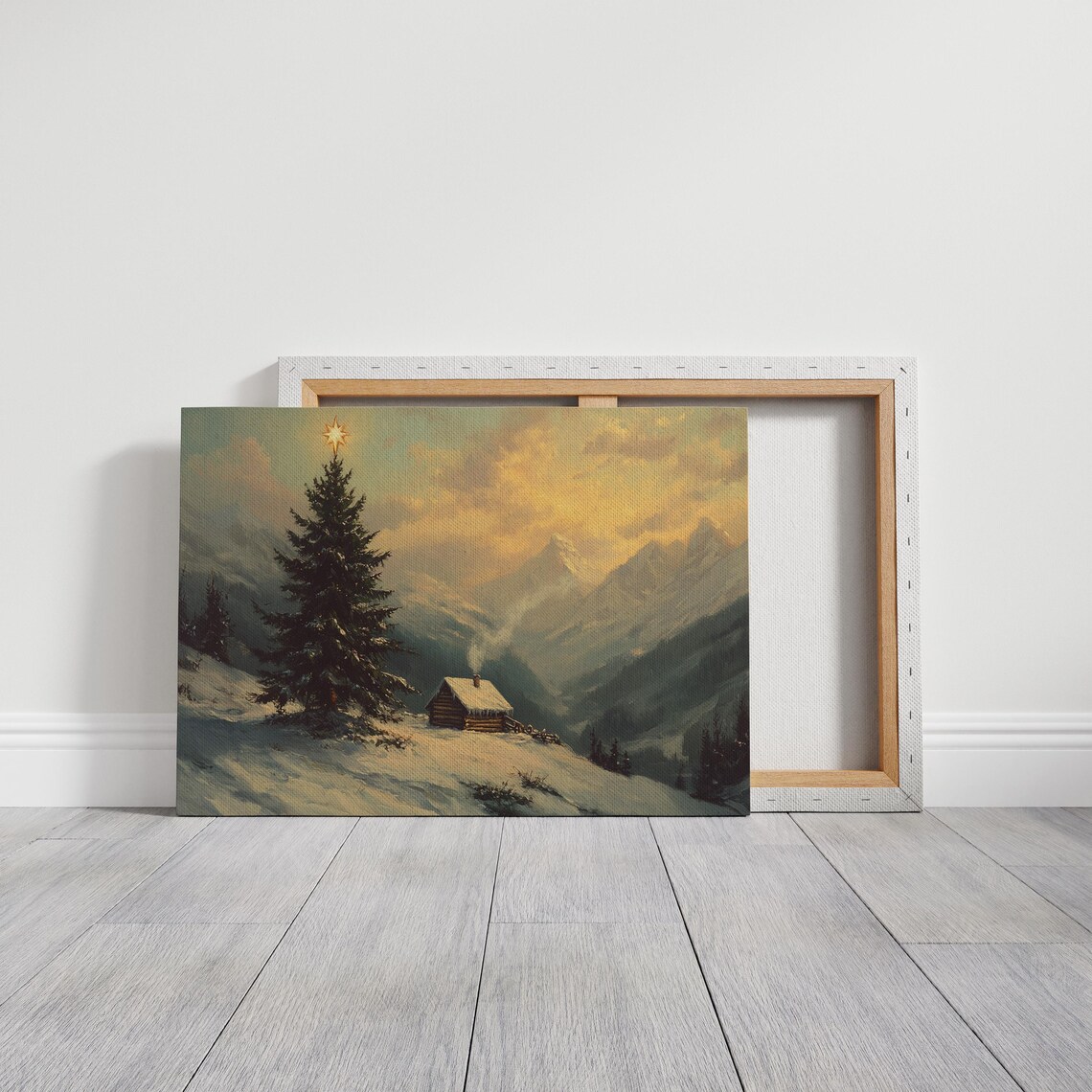 Rustic Christmas Cabin, Snowy Mountain Sunset - Image 7