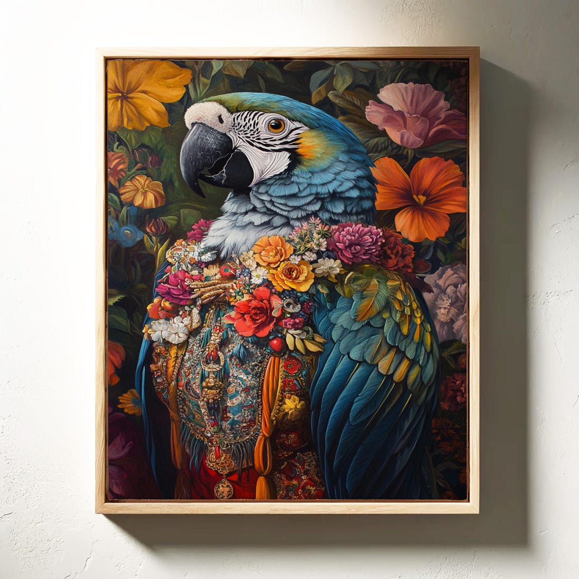 Vibrant Blue and Gold Macaw in Floral Garb Tropical Portrait Poster - Image 7