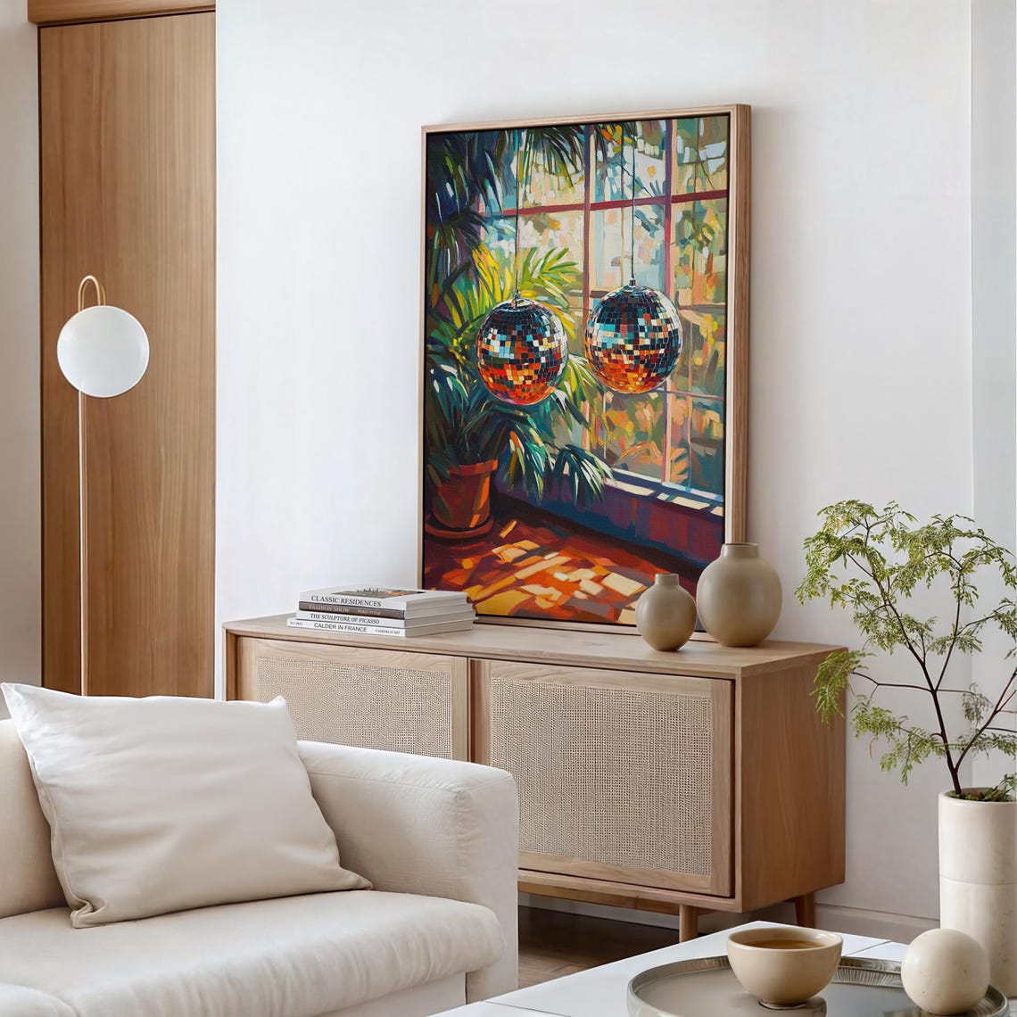 Retro Disco Ball Pair Sunlit Window Plants Vibrant Party Poster - Image 5