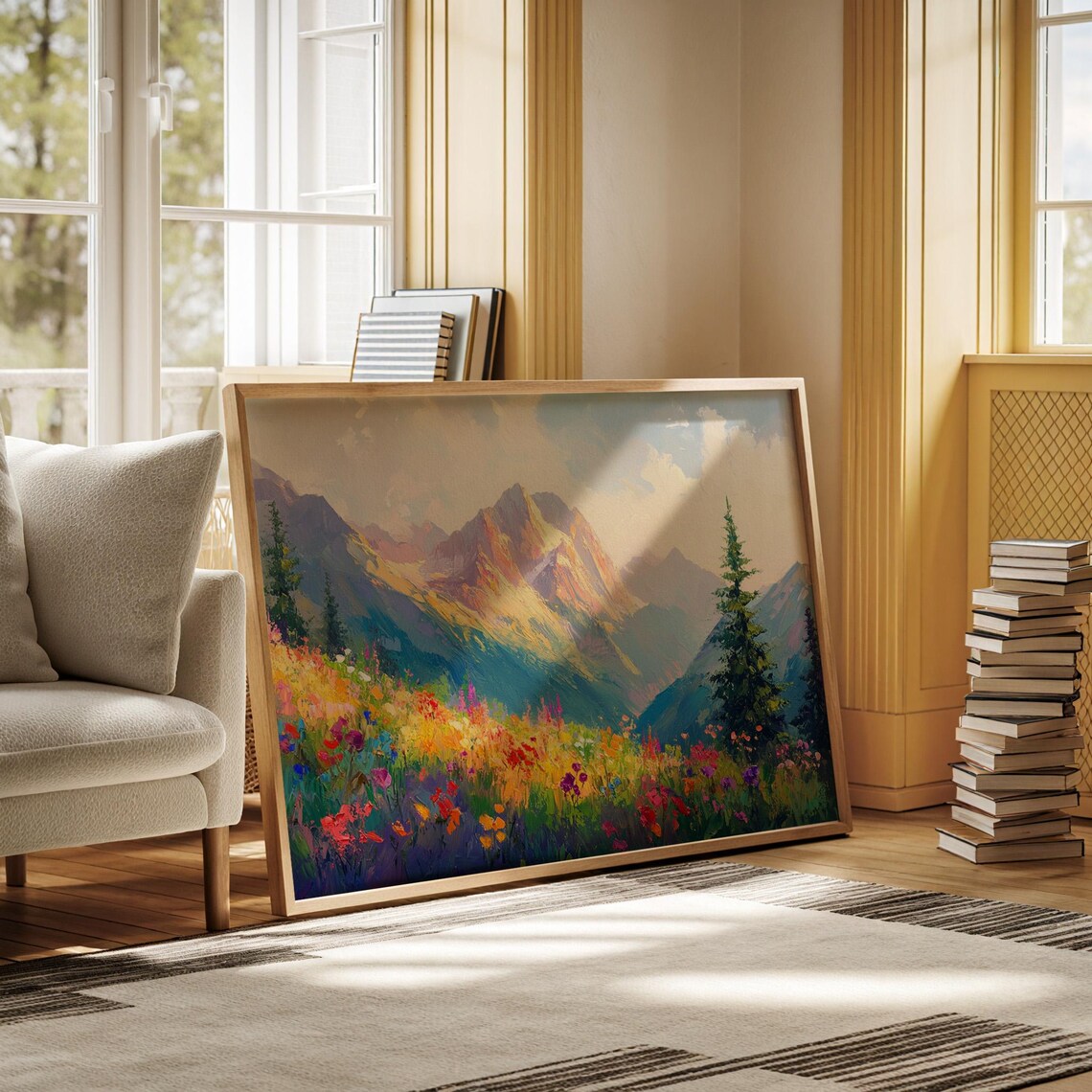 Vibrant Wildflower Meadow Art Print, Alpine Landscape