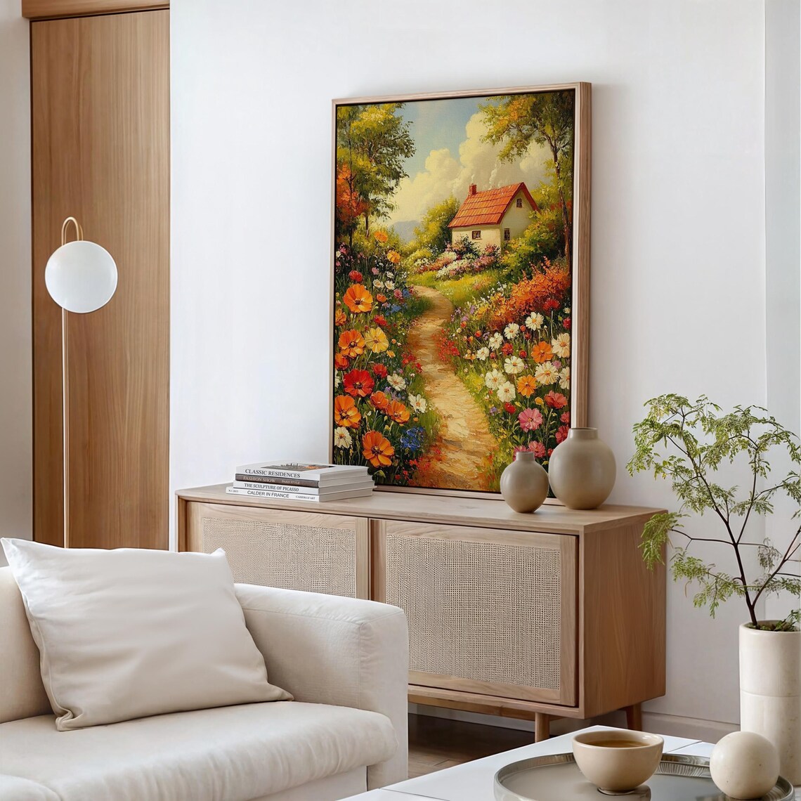Floral Cottage Path Vibrant Oil Painting Of Blooming Wildflowers And Cozy Countryside Home Nature Inspired Wall Art - Image 5