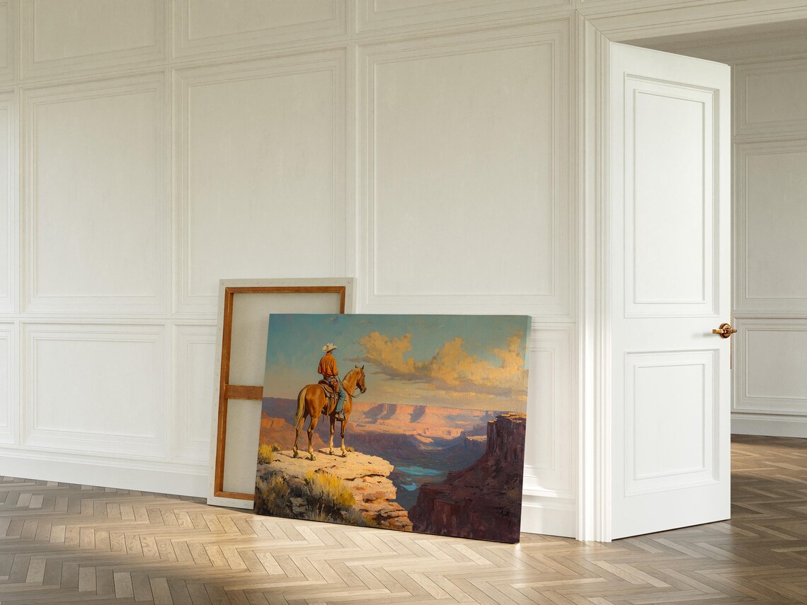 Cowboy on Horse at Canyon Overlook Daylight Western Landscape Poster - Image 3