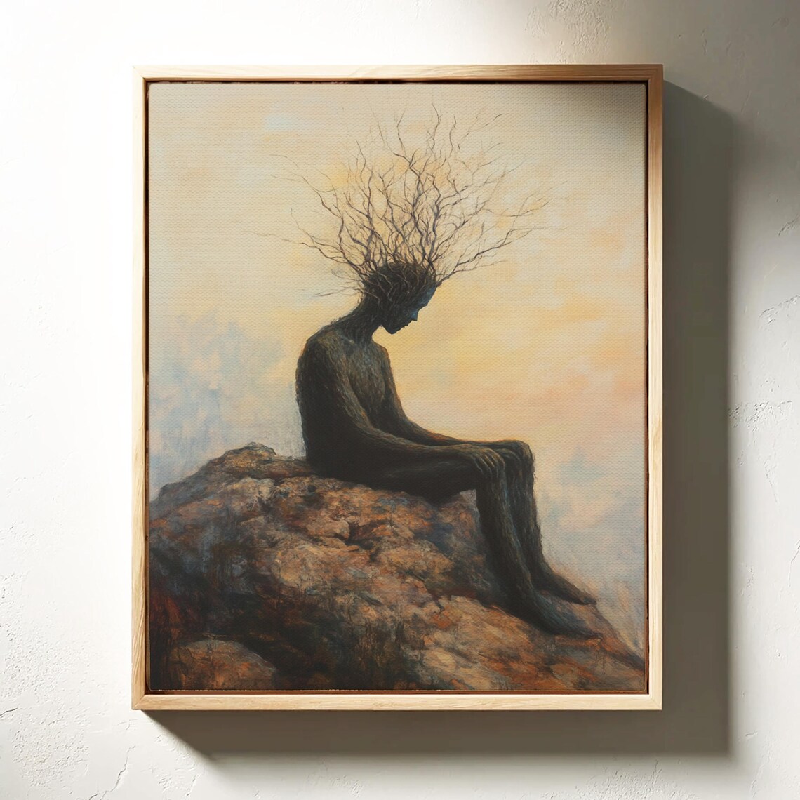Tree Man On Cliff At Sunset, Surreal Oil Painting - Image 3