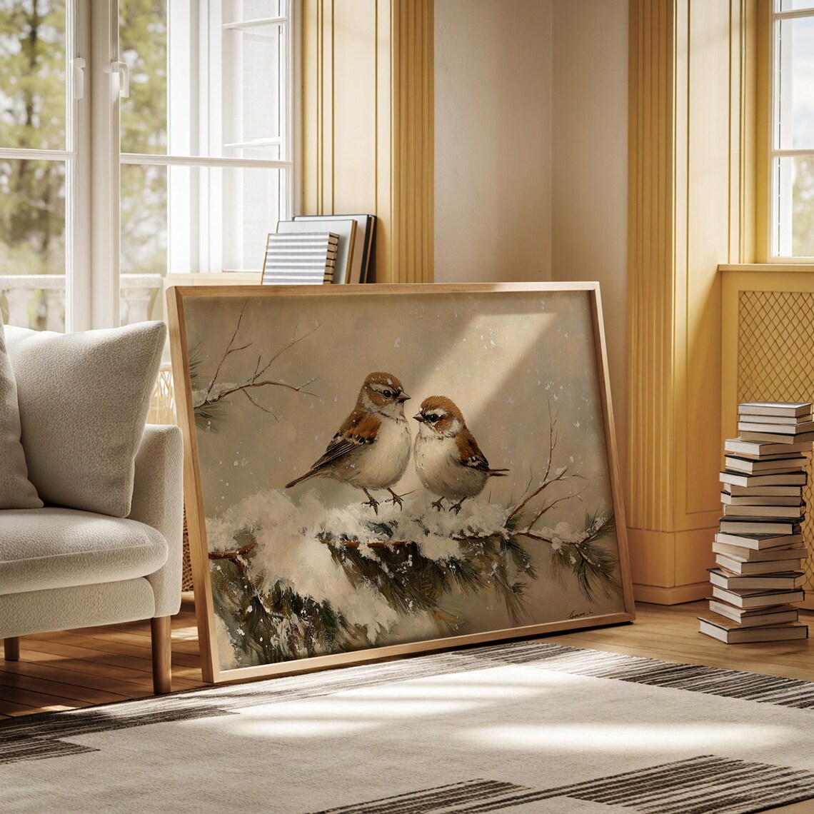 Winter Birds Art Print, Two Sparrows on Pine Branch - Image 6