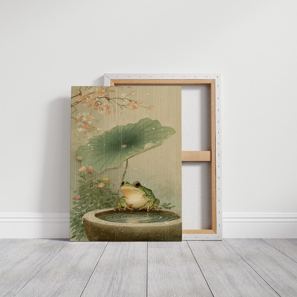 Cute Green Frog Under Lotus Leaf Gentle Rain Japanese Art Poster