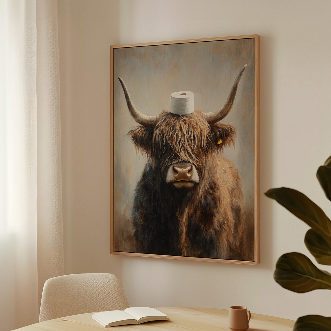 Highland Cow With Toilet Paper On Head Funny Bathroom Poster - Image 2