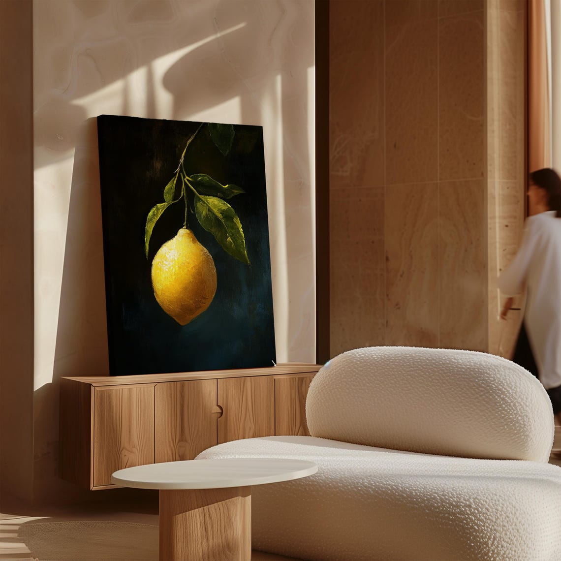 Single Ripe Lemon Hanging Dark Moody Citrus Still Life Art Poster - Image 4