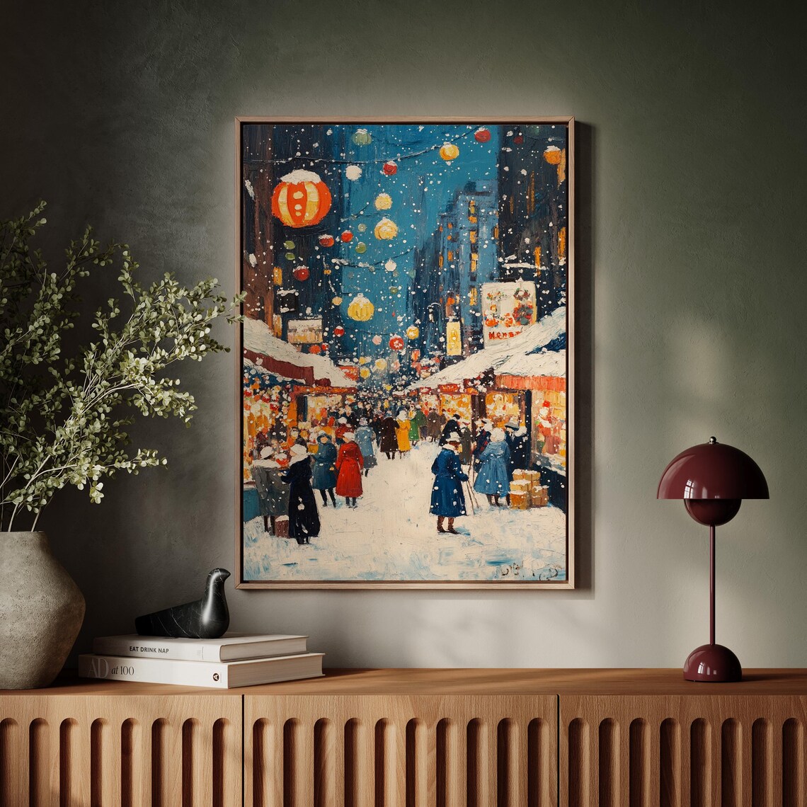 Christmas Market Snowy Night Festive Lanterns Stalls Holiday Poster - Image 6