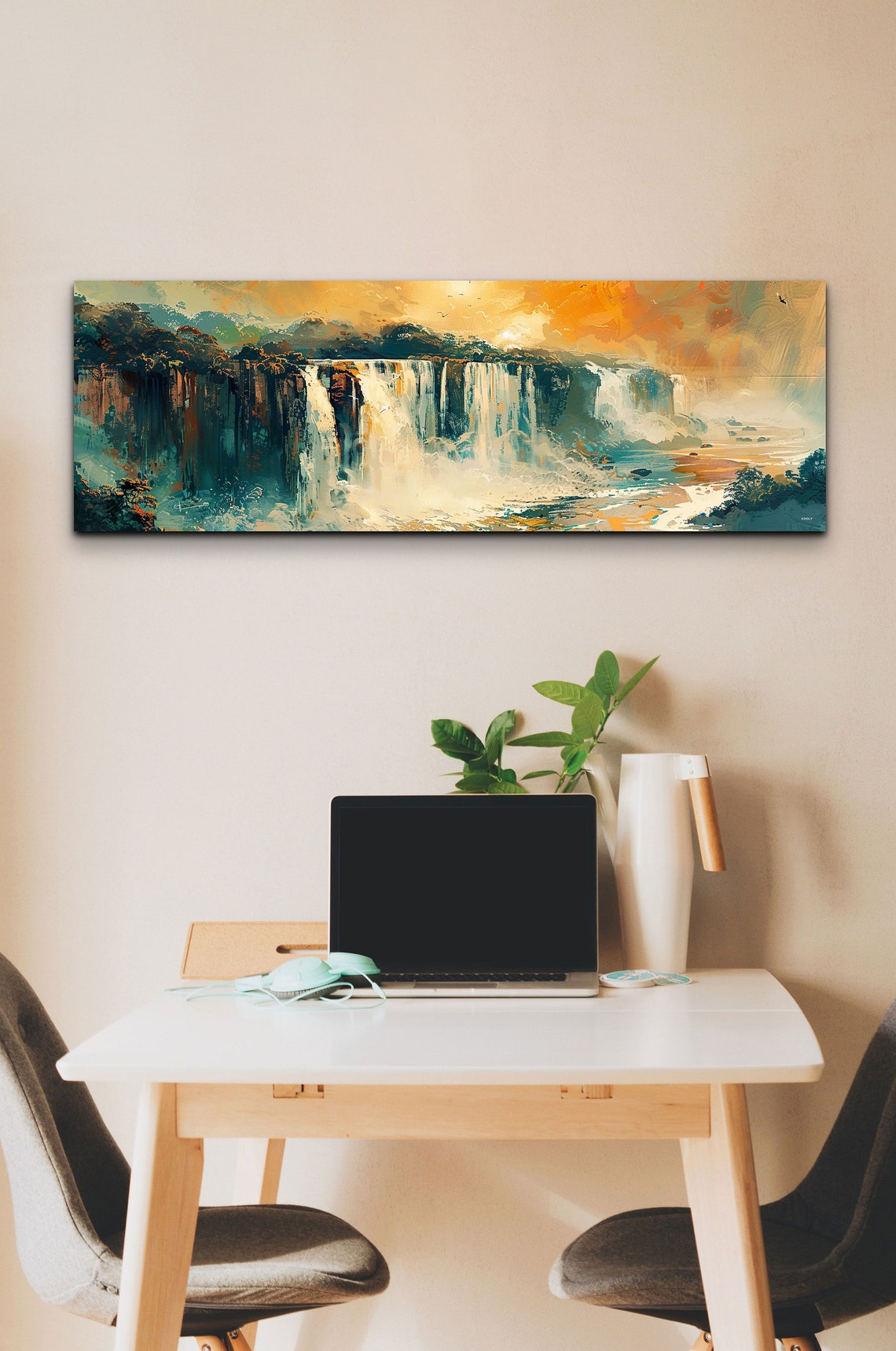 Waterfall Painting with Golden Orange Sunset Sky Panorama Wall Art - Image 5