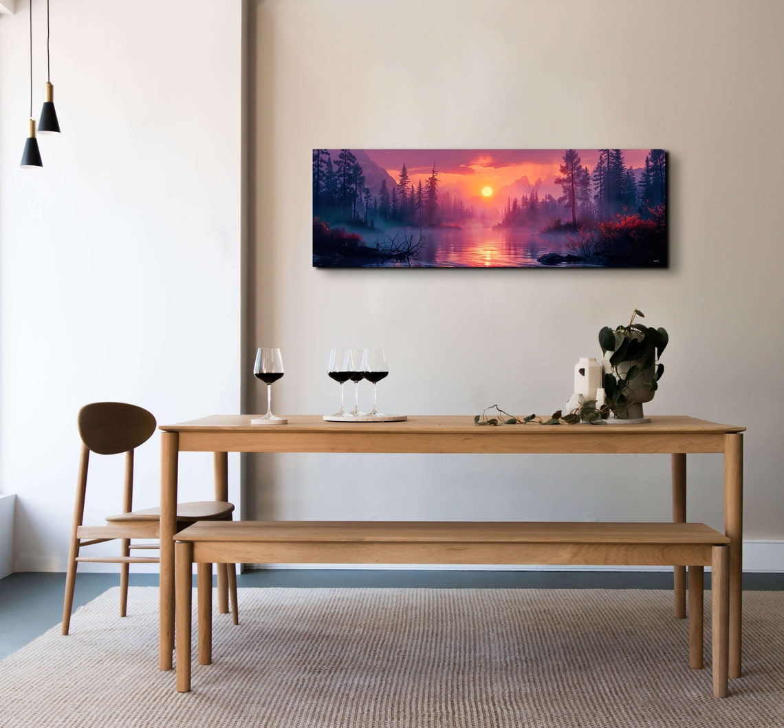 Mountain Lake Sunset Pine Trees Misty Orange Sky Panorama Wall Art - Image 5