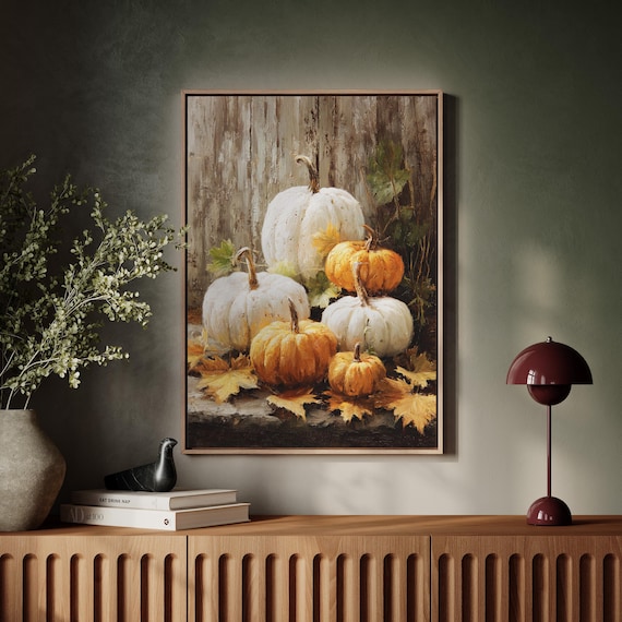 White And Orange Pumpkins Rustic Autumn Still Life Painting Art Poster