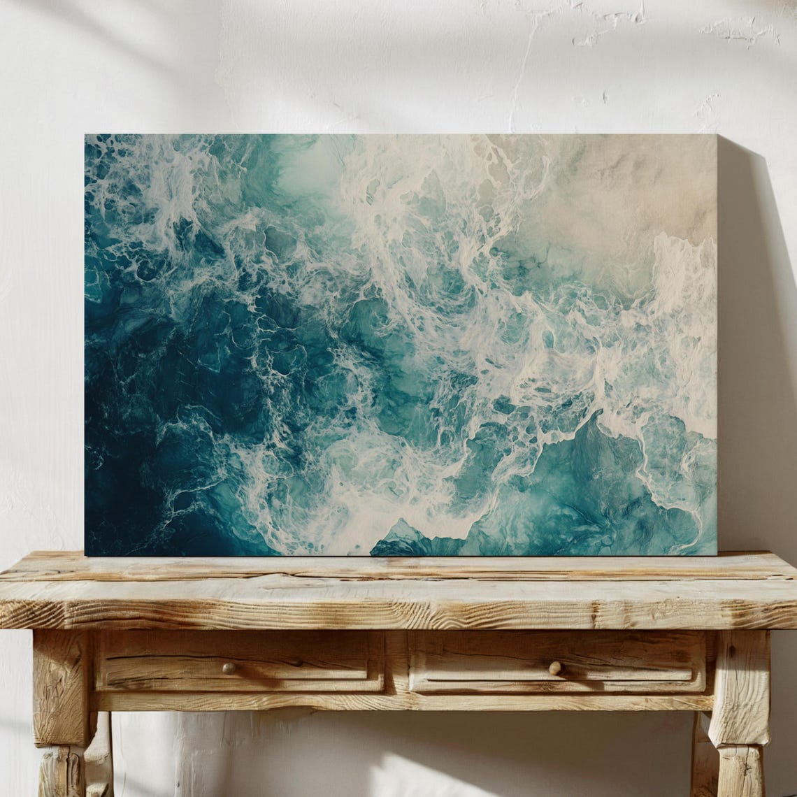 Ocean Foam Abstract Aerial Teal White Sea Waves Canvas Wall Art