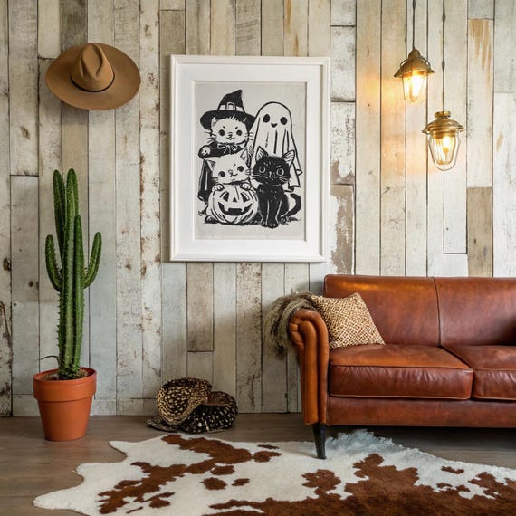 Halloween Kittens And Pumpkin Vintage Spooky Wall Art