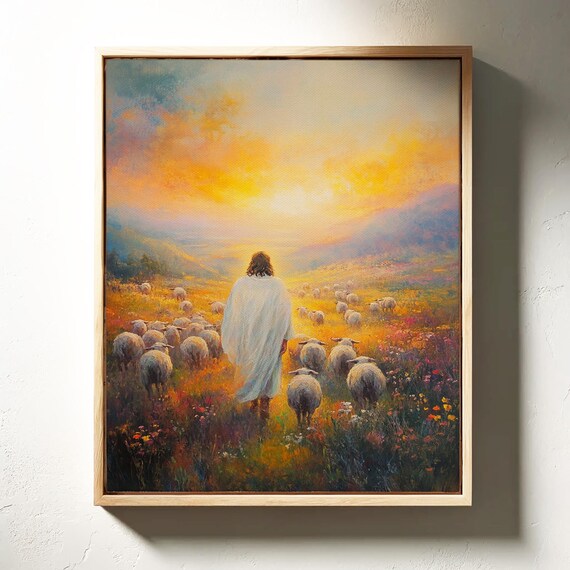 Jesus Walking With His Sheep Flock Through a Golden Sunrise Meadow Poster
