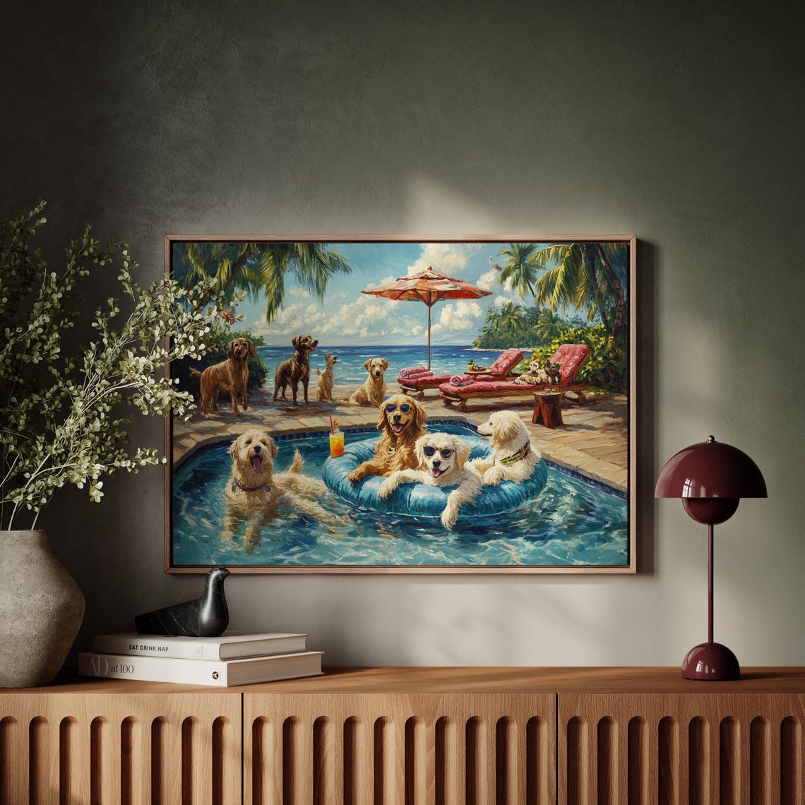 Golden Retrievers Pool Party Sunglasses Tropical Fun Dog Art Poster - Image 3