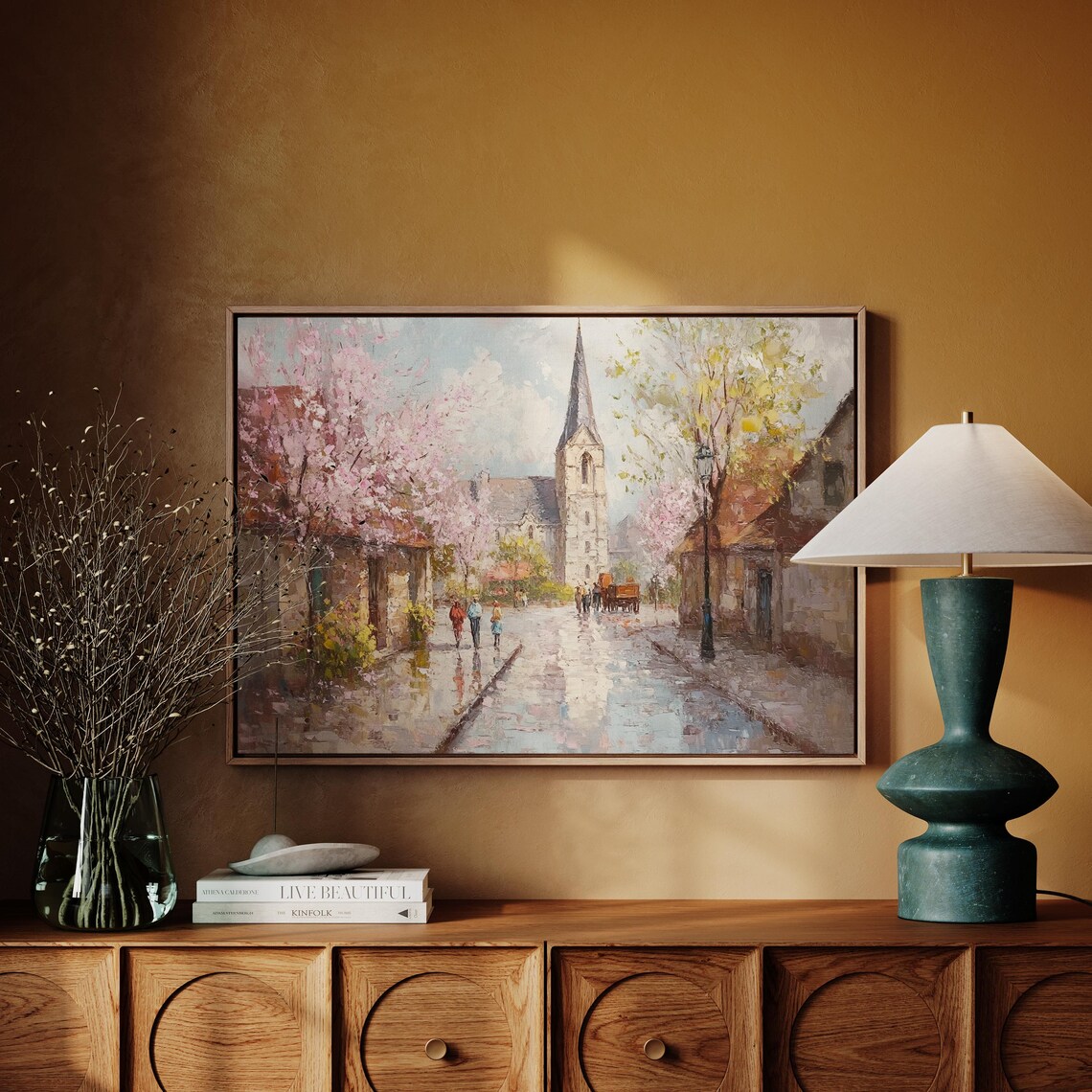 European Church Street With Cherry Blossoms Oil Painting Poster - Image 7