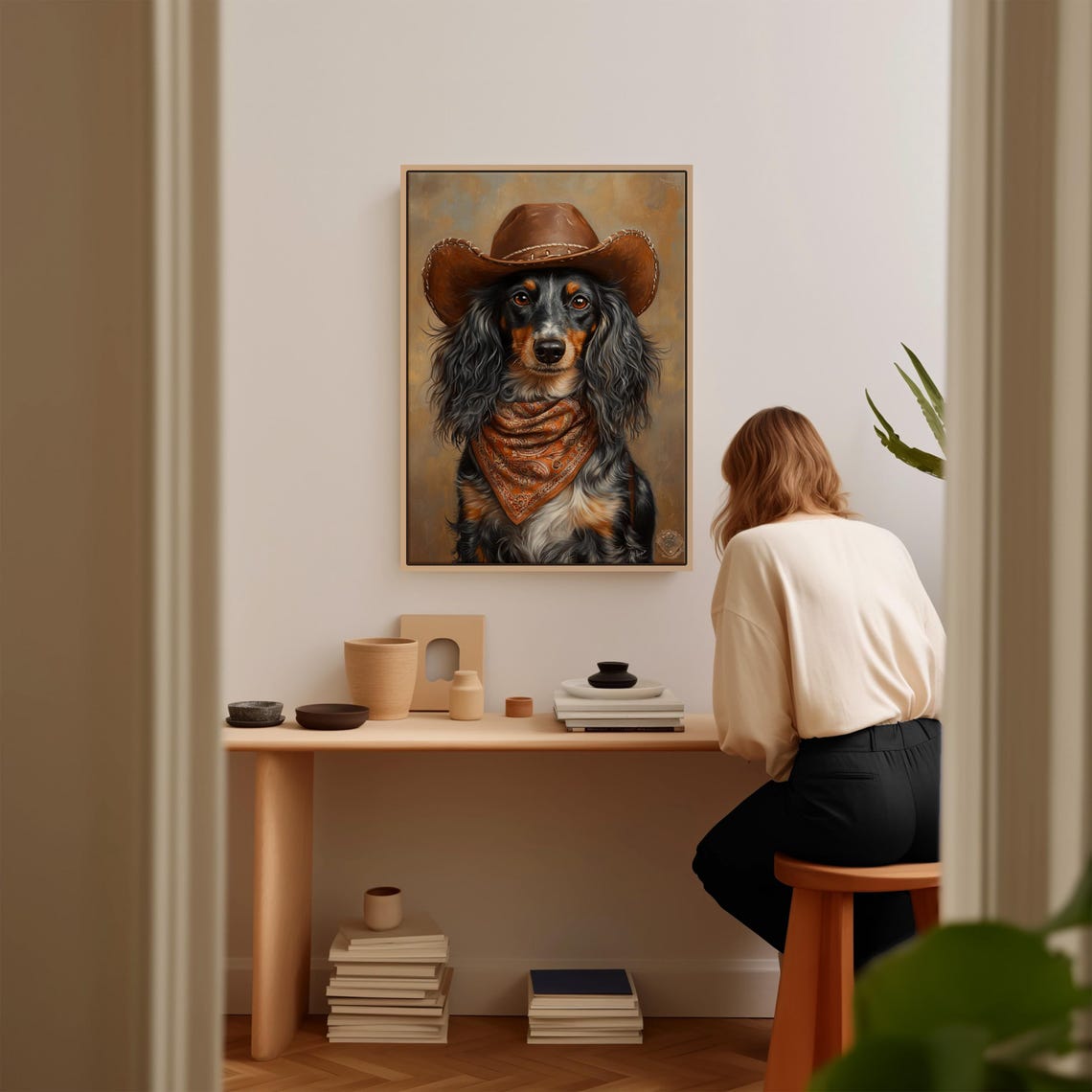 Long Haired Dapple Dachshund Cowboy Western Dog Portrait Poster - Image 3