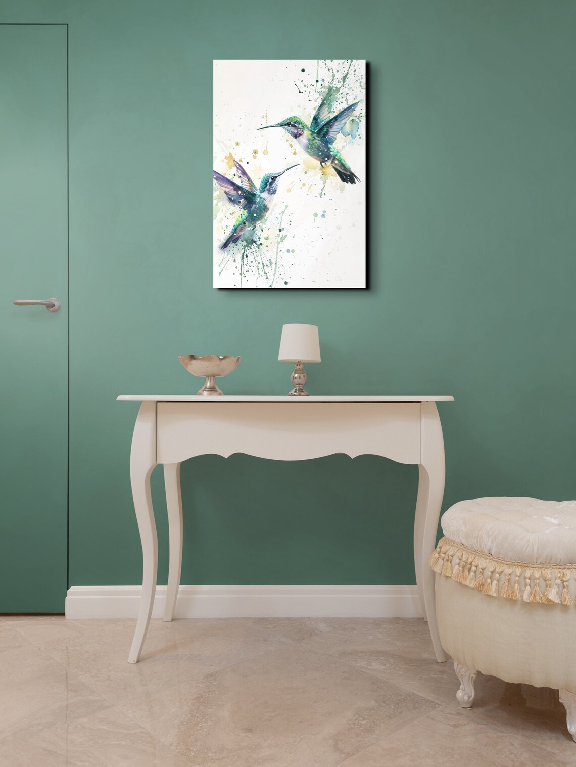 Two Turquoise Hummingbirds Dancing Midair Watercolor Splatter Poster - Image 4