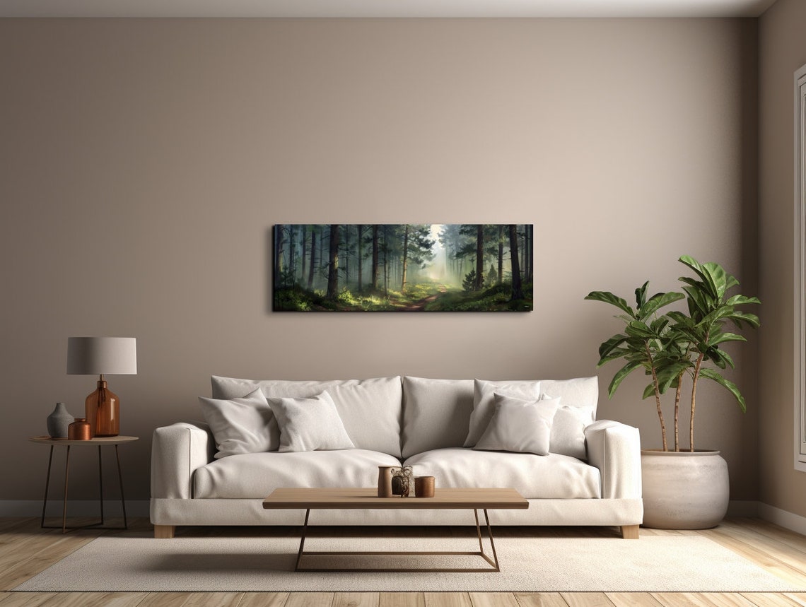 Golden Sunlit Path Winding Through a Misty Green Forest Poster - Image 7
