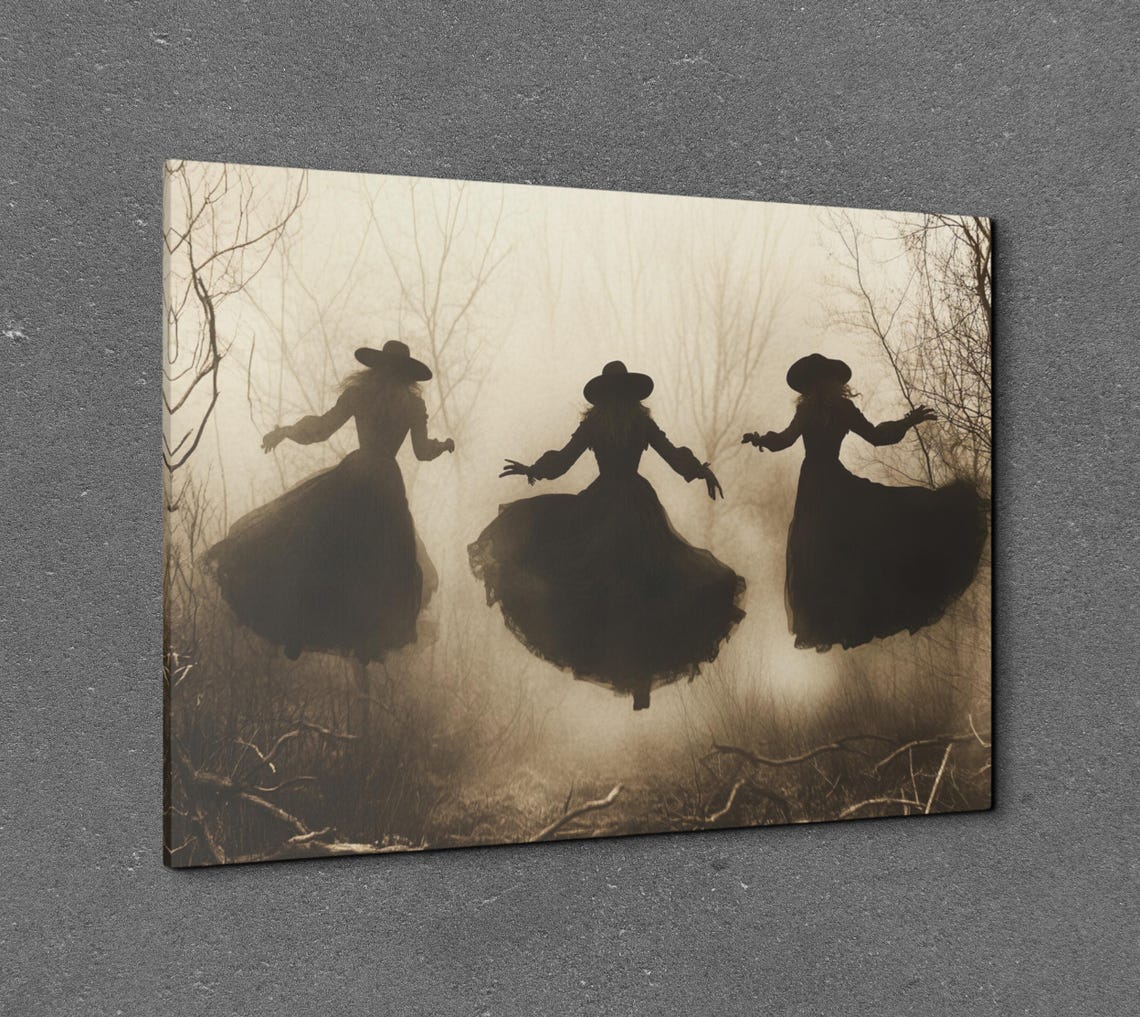 Three Witches Dancing Together in a Misty Haunted Forest Poster - Image 7