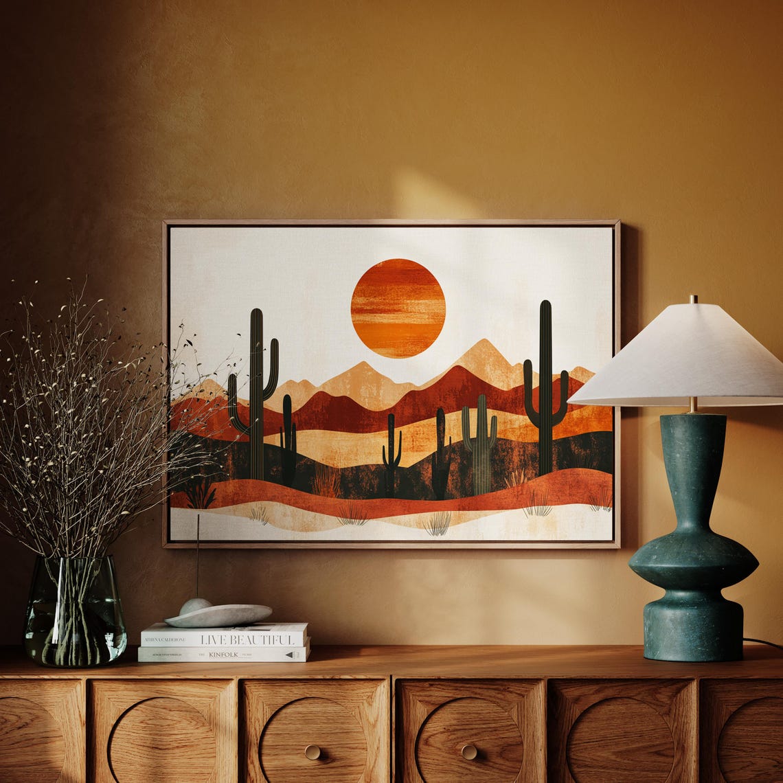 Desert Sunset With Saguaro Cactus Rolling Mountains Boho Poster