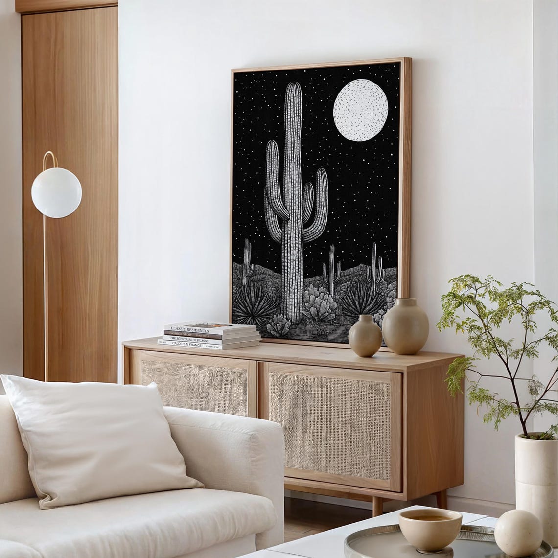 Bold Black Night Desert Cactus Illustration with Stars and Moon Poster - Image 2