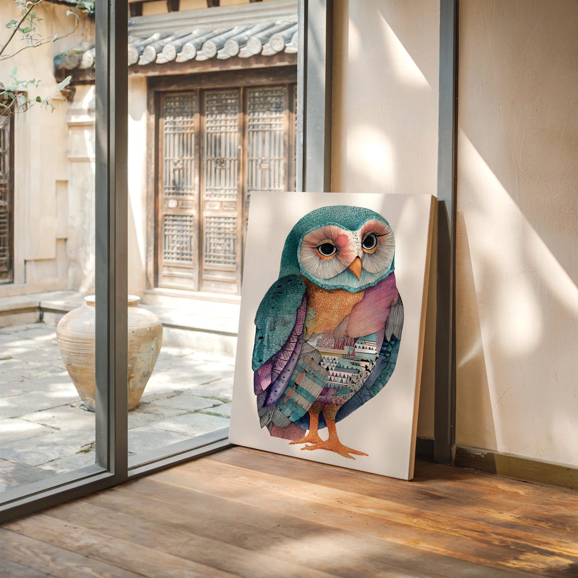 Geometric Owl Illustration Poster With Teal And Purple Patterns