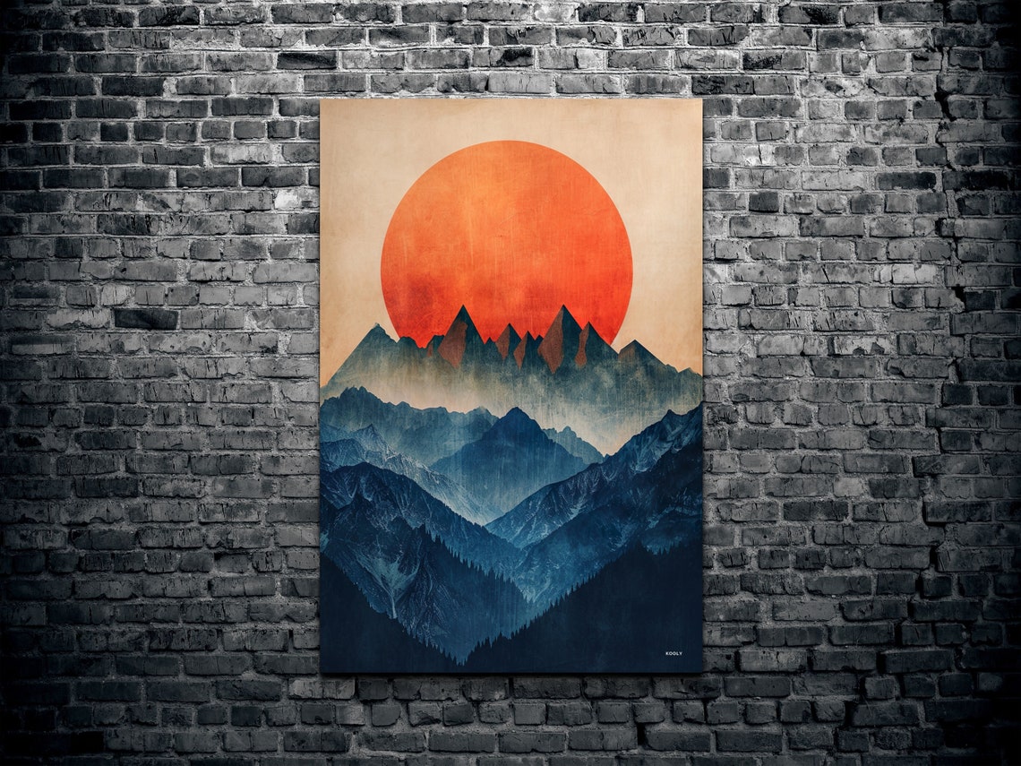Mid Century Modern Mountain Layers Orange Sun Landscape Wall Art - Image 2