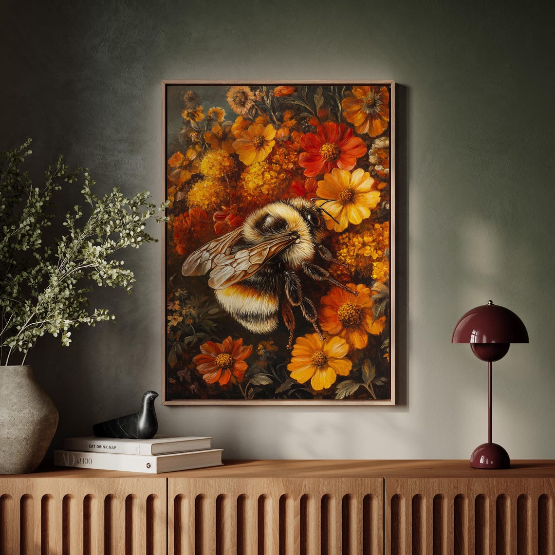 Detailed Bumblebee Resting on Autumn Orange and Red Flowers Poster - Image 7