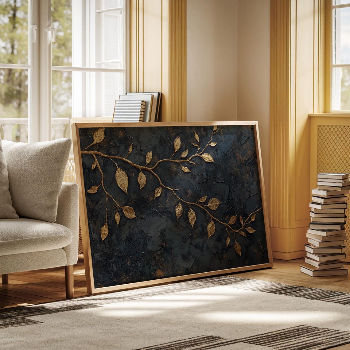 Luxury Gold Leaf Botanical Branch Black Modern Metallic Wall Art