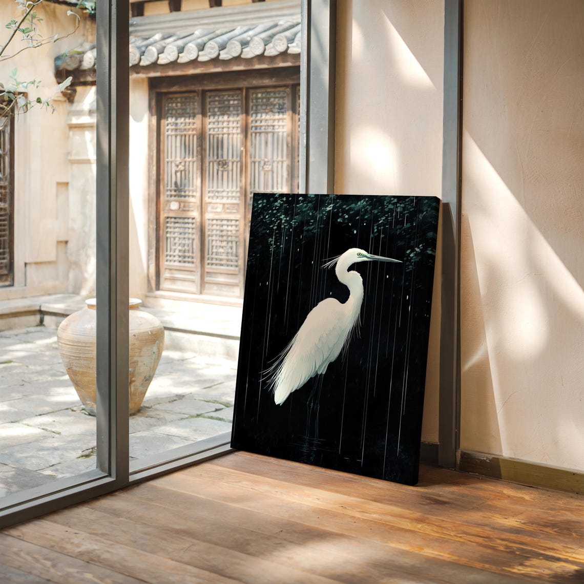 White Egret in the Rain Dramatic Dark Wildlife Bird Portrait Poster - Image 5