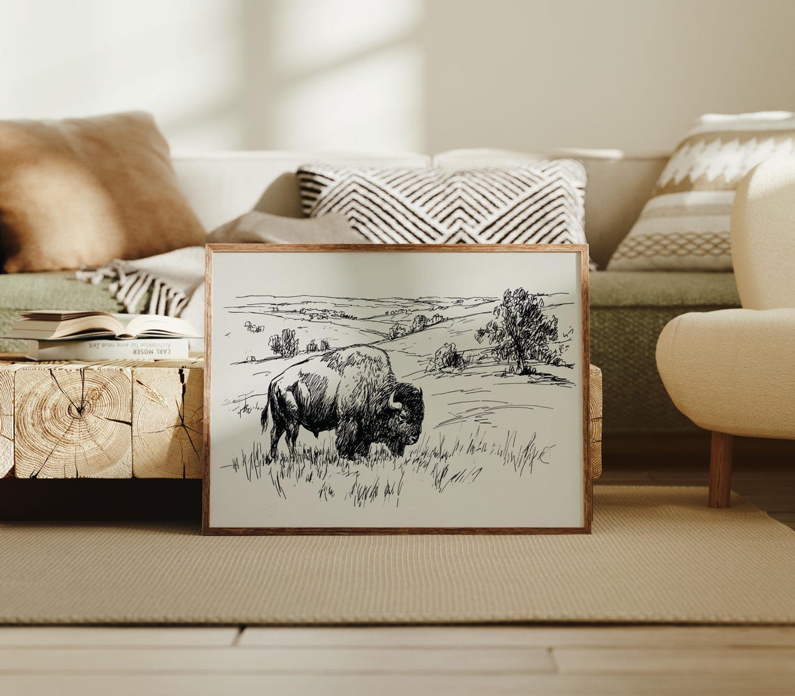 Lone Buffalo Bison Grazing Prairie Western Ink Sketch Poster