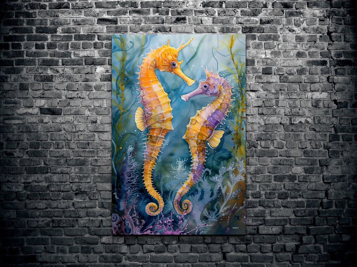 Two Seahorses Facing Each Other Watercolor Ocean Love Art Poster - Image 2