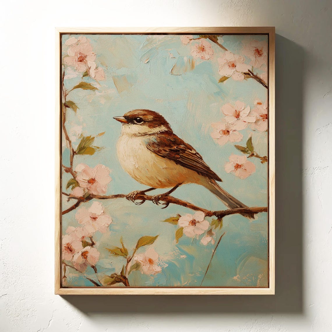 Little Bird on Cherry Blossom Branch Soft Pastel Spring Art Print - Image 4