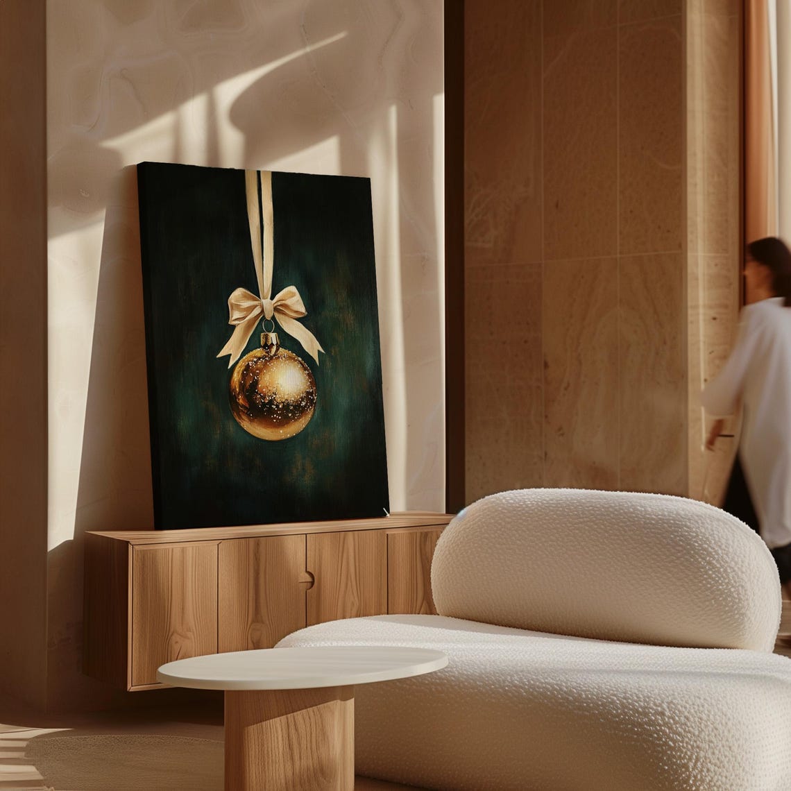 Gold Christmas Bauble With Cream Bow on Dark Green Wall Poster - Image 3