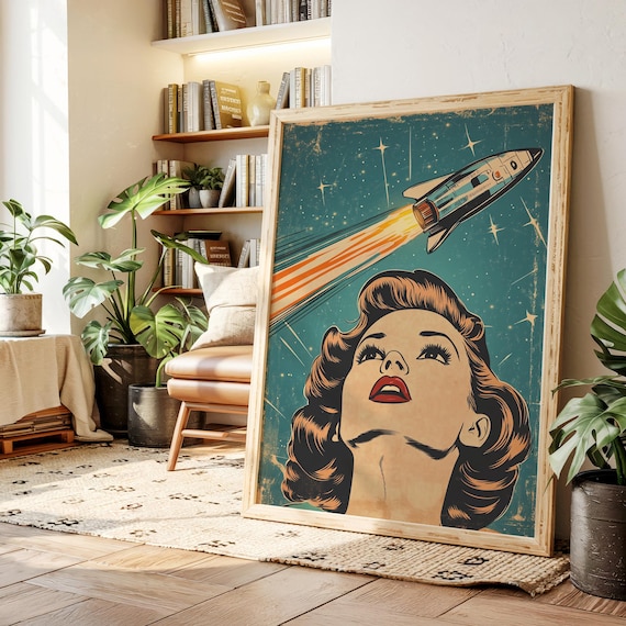 Retro Woman Watching Rocket Launch Vintage Space Age Pop Poster