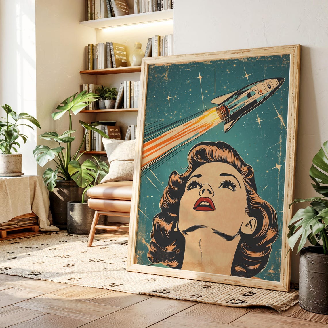 Retro Woman Watching Rocket Launch Vintage Space Age Pop Poster