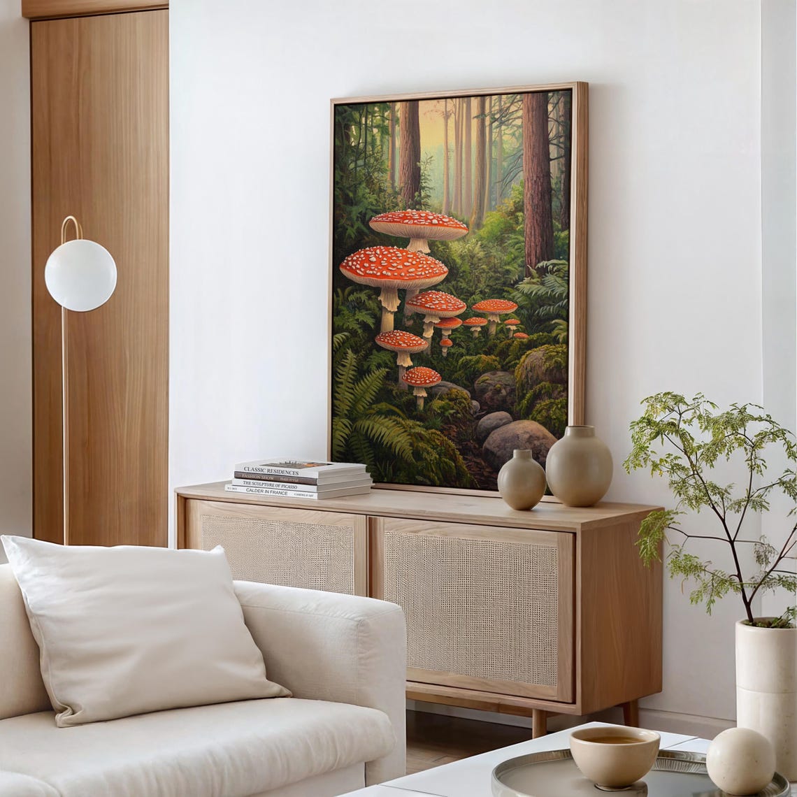 Red Fly Agaric Mushrooms In Sunlit Green Forest Floor Botanical Poster - Image 2