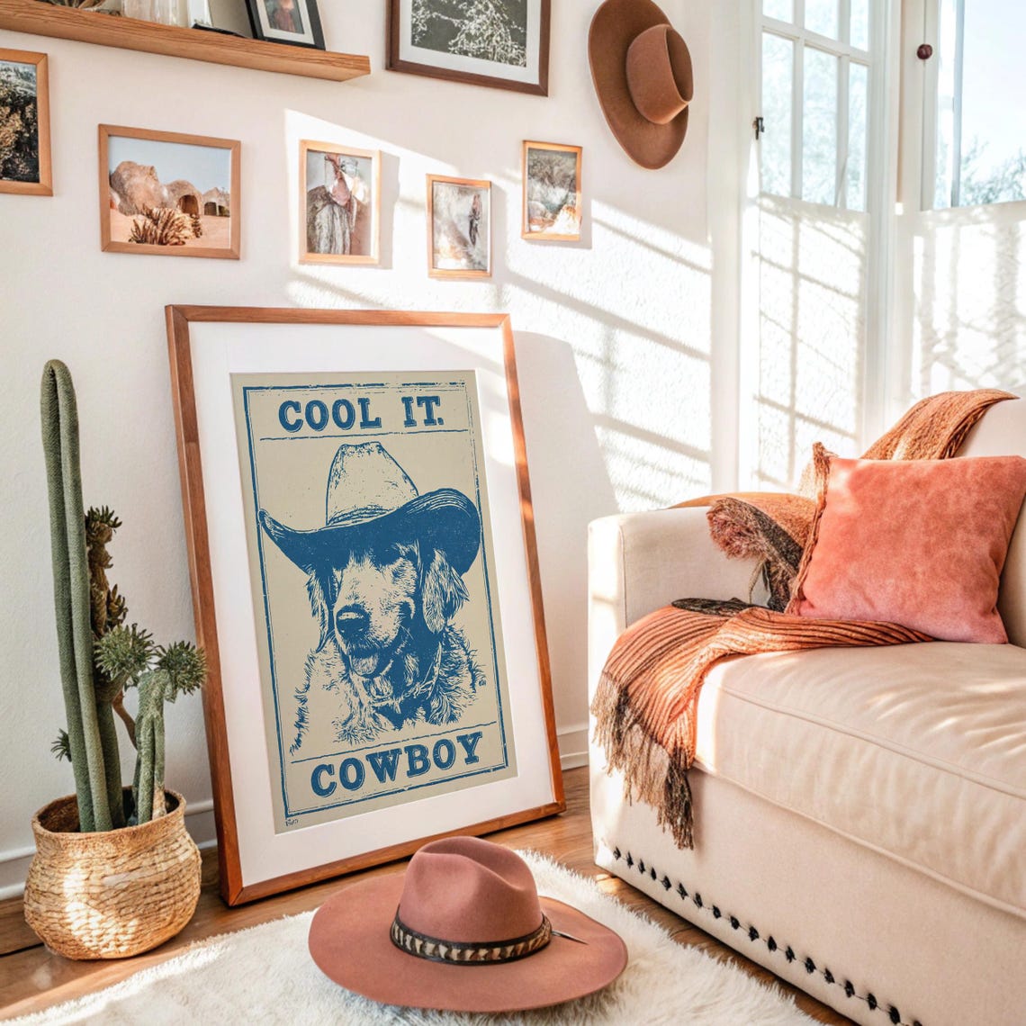 Cool It Cowboy Dog in Hat Retro Blue Duotone Western Art Poster