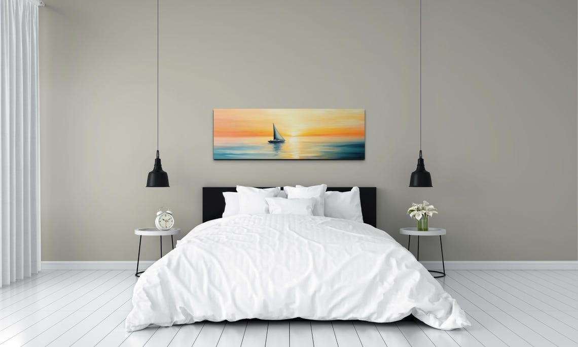 Lone Sailboat On Sunset Sea Orange Sky Panoramic Ocean Poster - Image 4