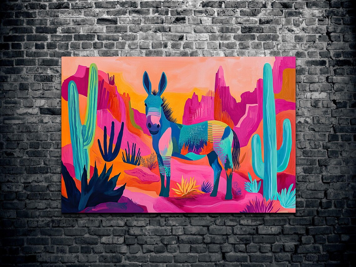 Colorful Desert Donkey Cactus Sunset Whimsical Animal Art Poster - Image 2