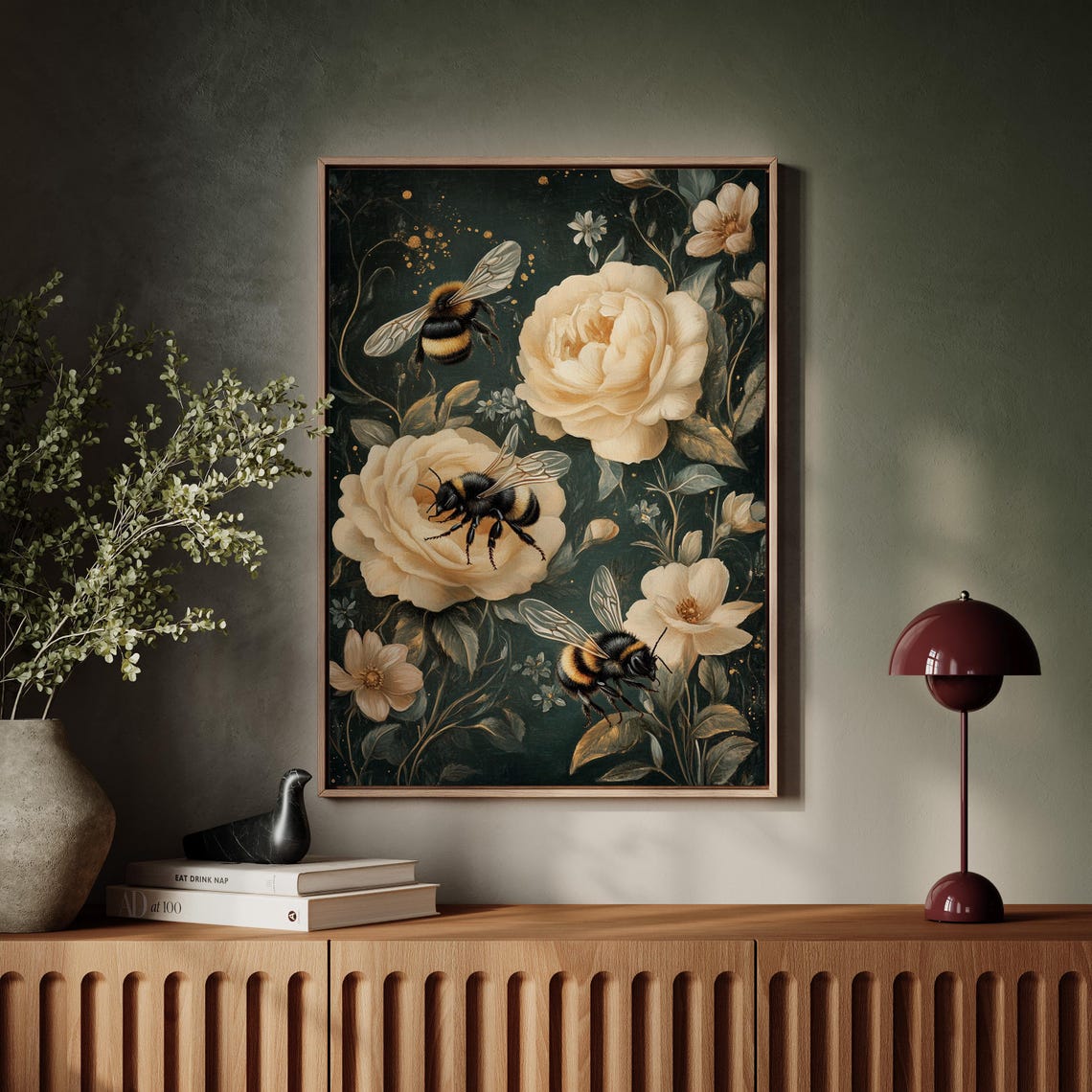 Three Bumblebees Among Cream Peonies Dark Botanical Art Poster - Image 7