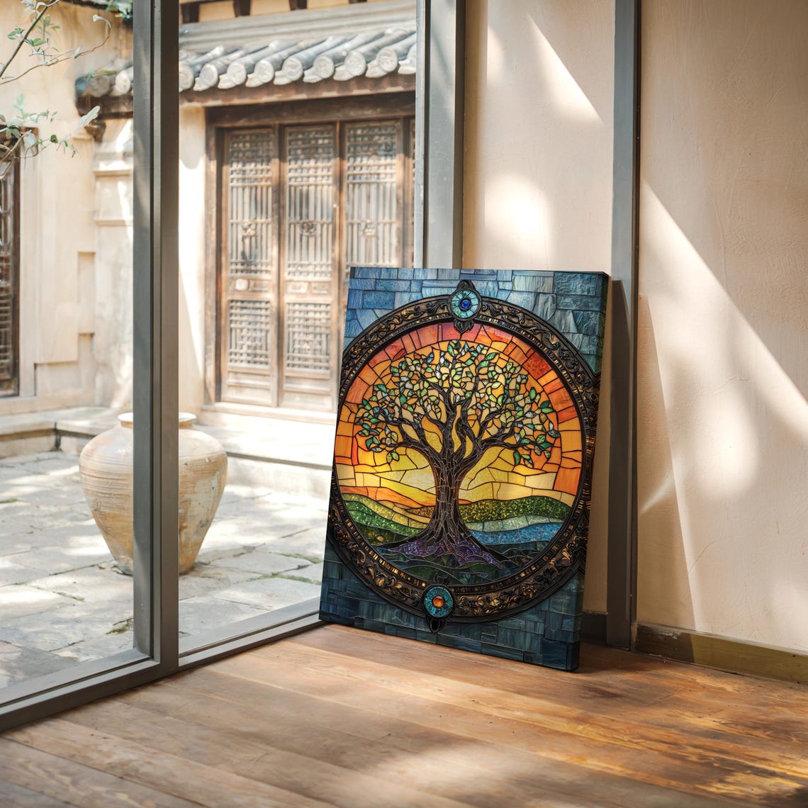 Stained Glass Tree Of Life In Ornate Round Frame Sunset Poster - Image 7