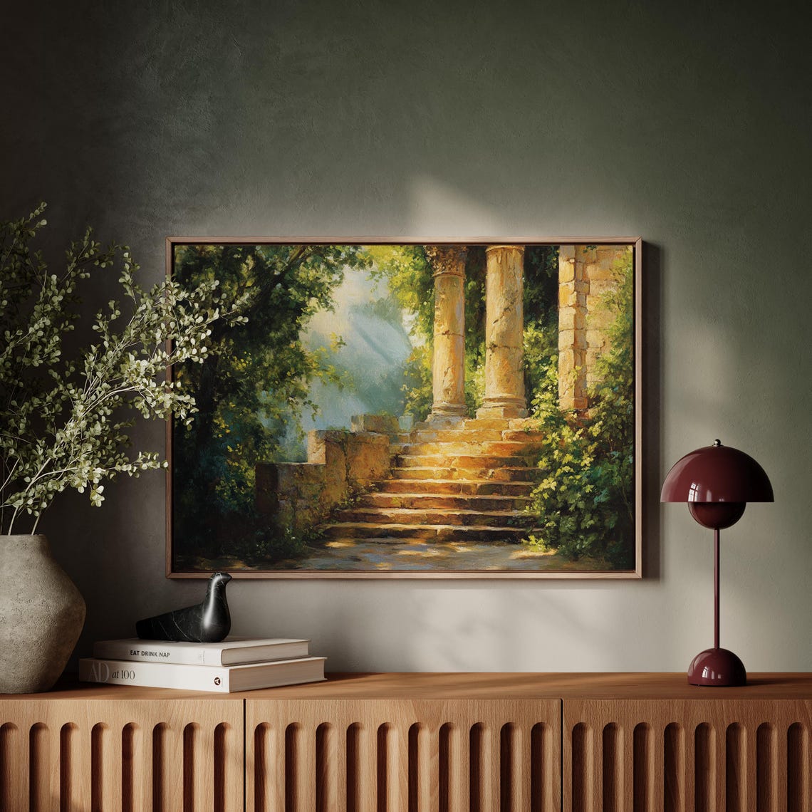 Sunlit Ancient Stone Steps with Mossy Columns and Climbing Ivy Poster