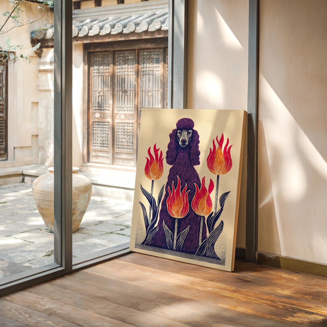 Regal Purple Poodle Among Fiery Tulips Art Deco Botanical Floral Poster